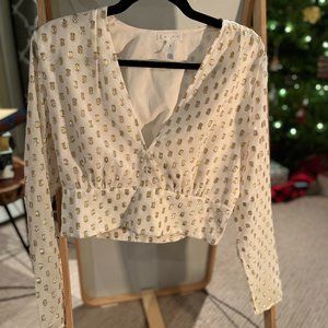 Leith White Long Sleeved Crop Top V-Neck with Gold Flecks
